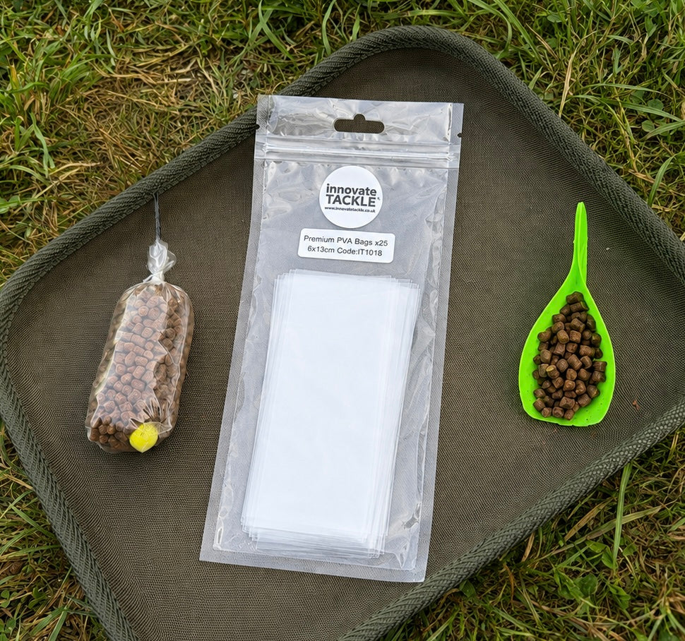 Premium PVA Solid Bags Small 6x13cm x25 – Carp Fishing PVA Bags + Scoop (2m PVA String included)