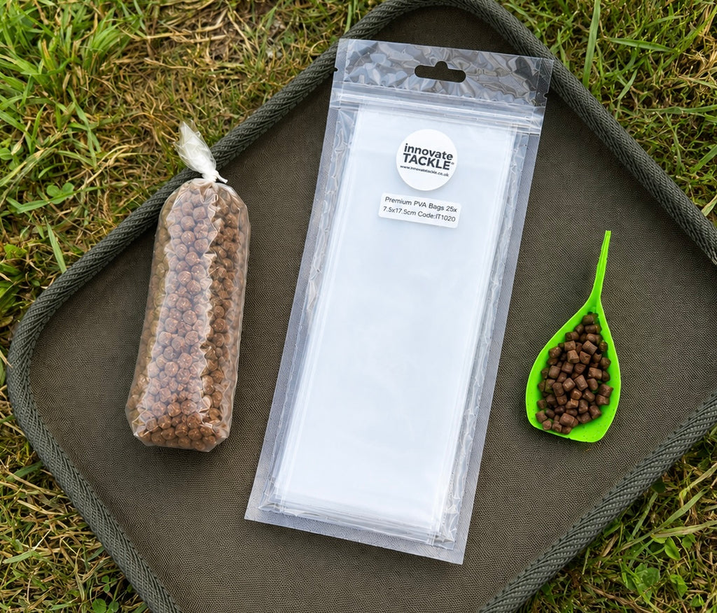 Premium PVA Solid Bags Medium 7x14cm x25 – Carp Fishing PVA Bags + Scoop (2m PVA String included)