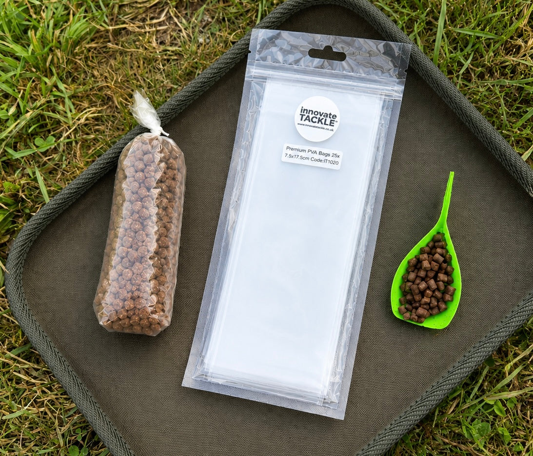 Premium PVA Solid Bags Medium 7x14cm x25 – Carp Fishing PVA Bags + Scoop (2m PVA String included)