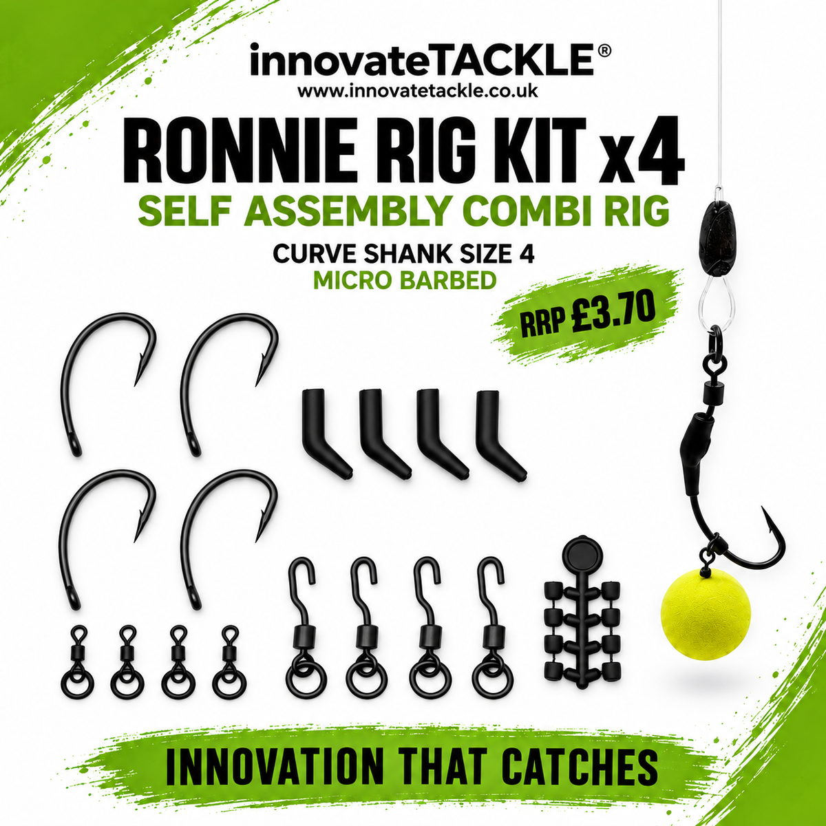 Ronnie Rig Kit x4 – Self Assembly Combi Rig – Curve Shank Size 4 Micro Barbed Carp Fishing