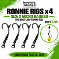 Ronnie Rigs x4 – Size 2 Micro Barbed Pre-Built Carp Fishing Rigs