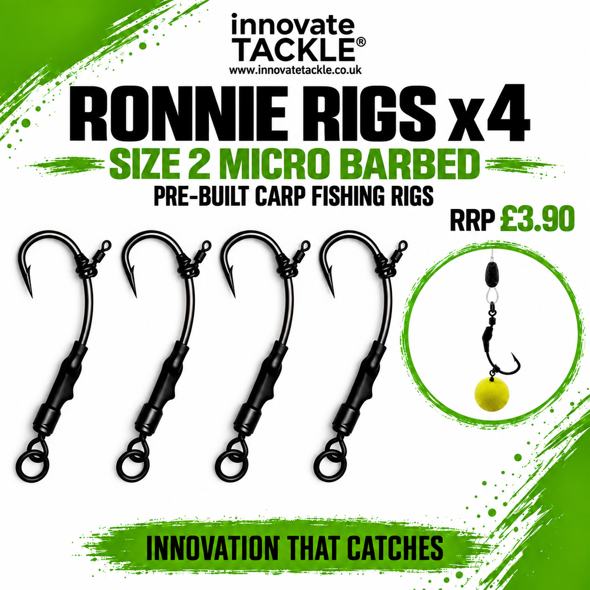 Ronnie Rigs x4 – Size 2 Micro Barbed Pre-Built Carp Fishing Rigs
