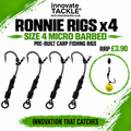 Ronnie Rigs x4 – Size 4 Micro Barbed Pre-Built Carp Fishing Rigs