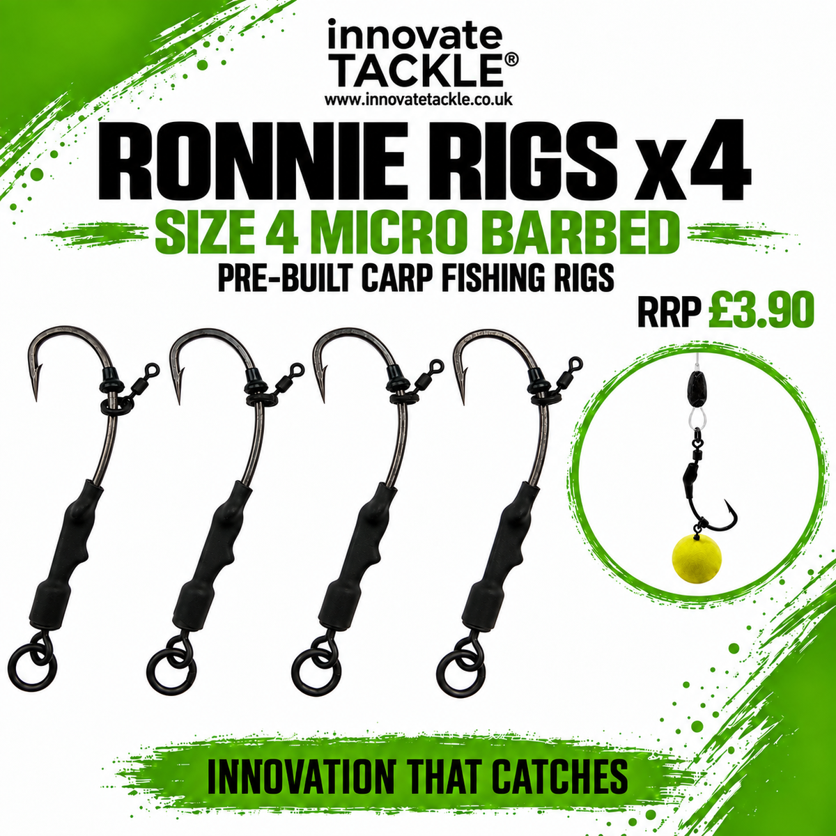 Ronnie Rigs x4 – Size 4 Micro Barbed Pre-Built Carp Fishing Rigs