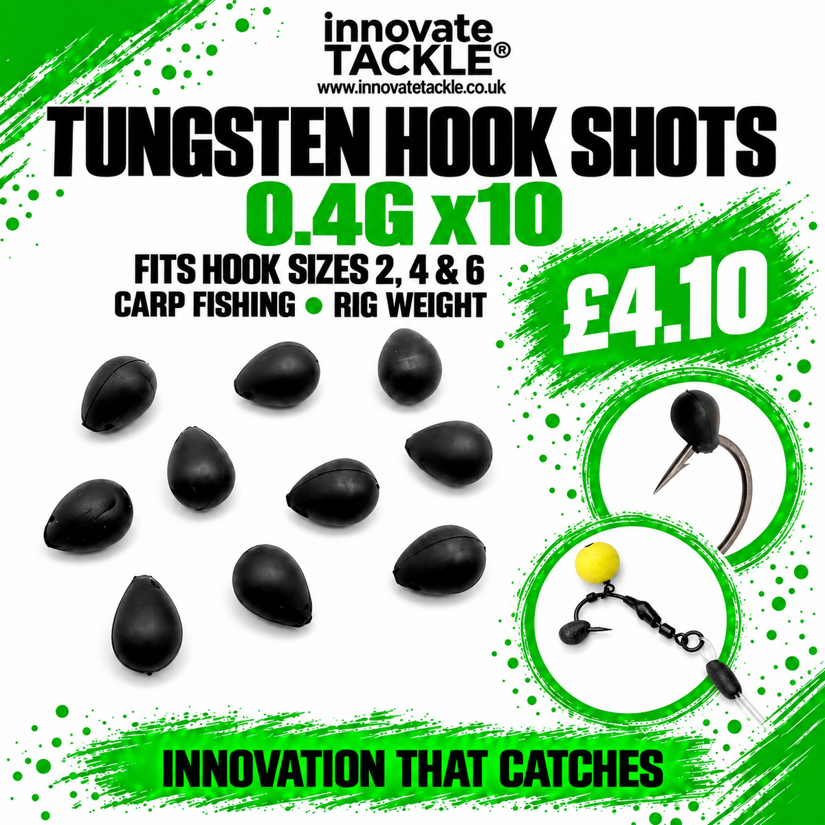 Tungsten Hook Shots 0.4g x10 – Fits Hook Sizes 2, 4 & 6 – Carp Fishing Rig Weight