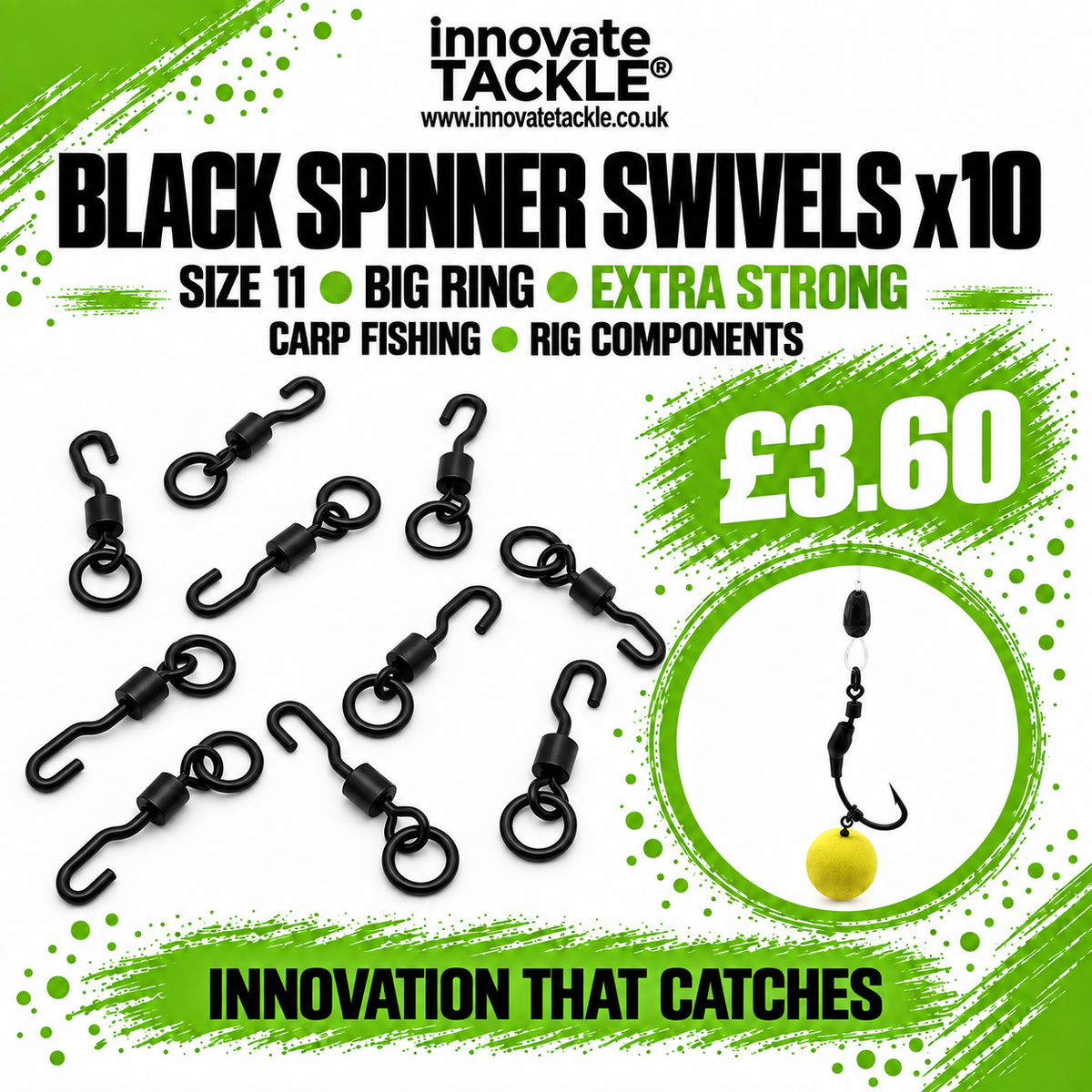 Black Spinner (Big Ring) Swivels Size 11 Extra Strong x10 | Carp Fishing Rig Components