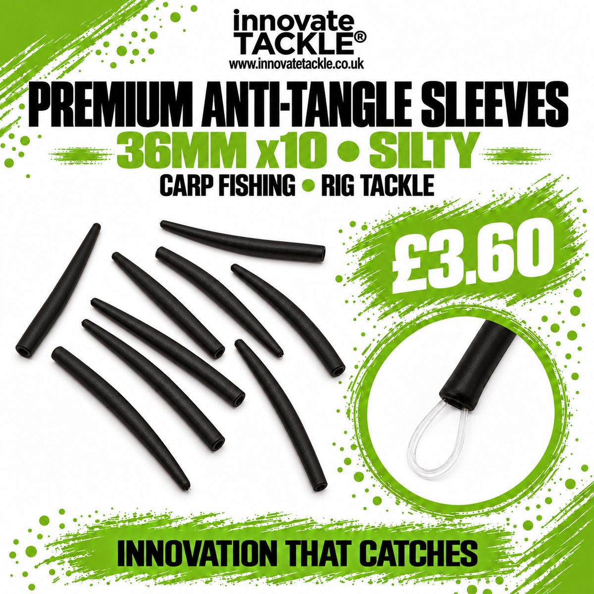 Premium Anti Tangle Sleeves 36mm x10 Silty. For Carp Fishing & Rig Tackle