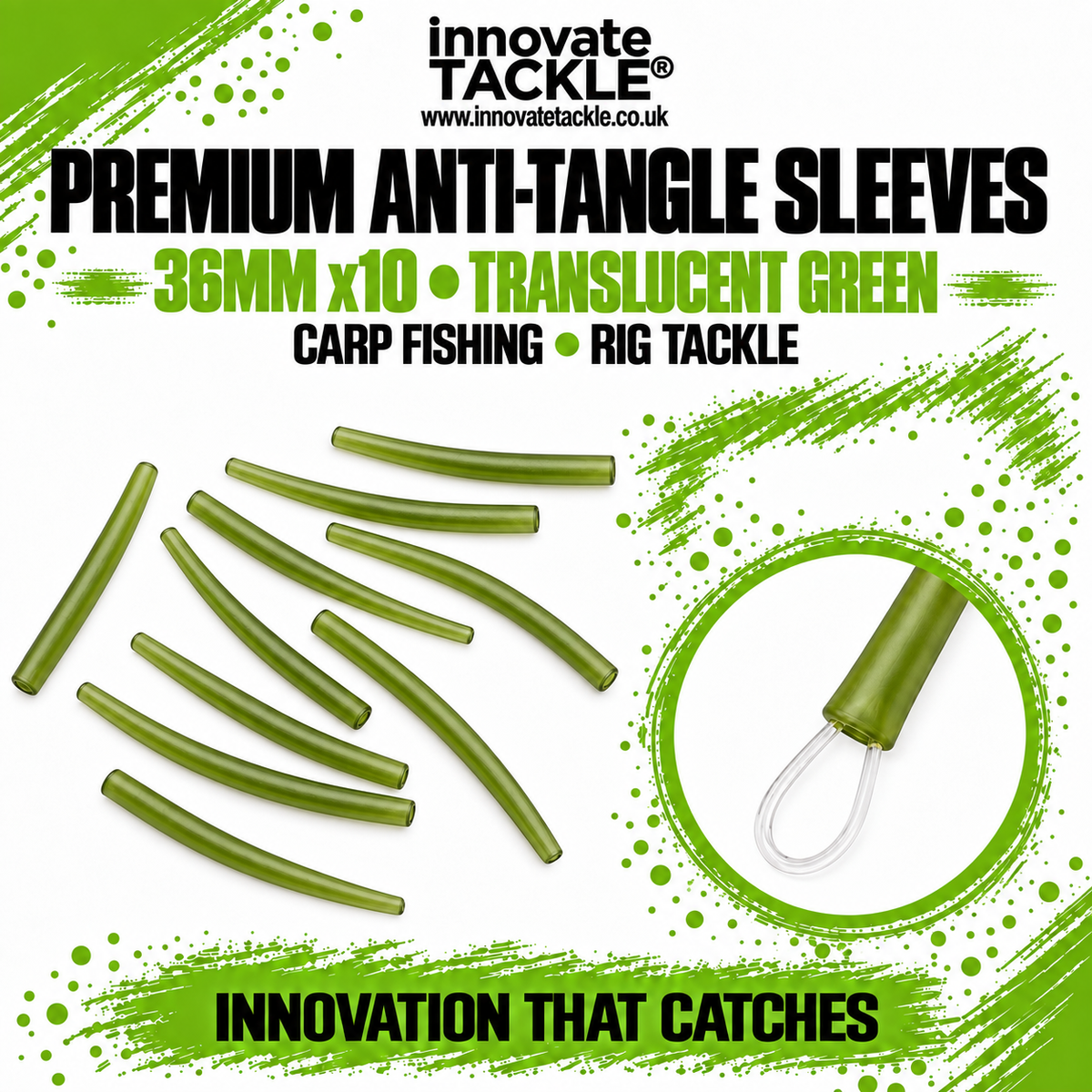 Premium Anti Tangle Sleeves 36mm x10 Translucent Green. For Carp Fishing & Rig Tackle