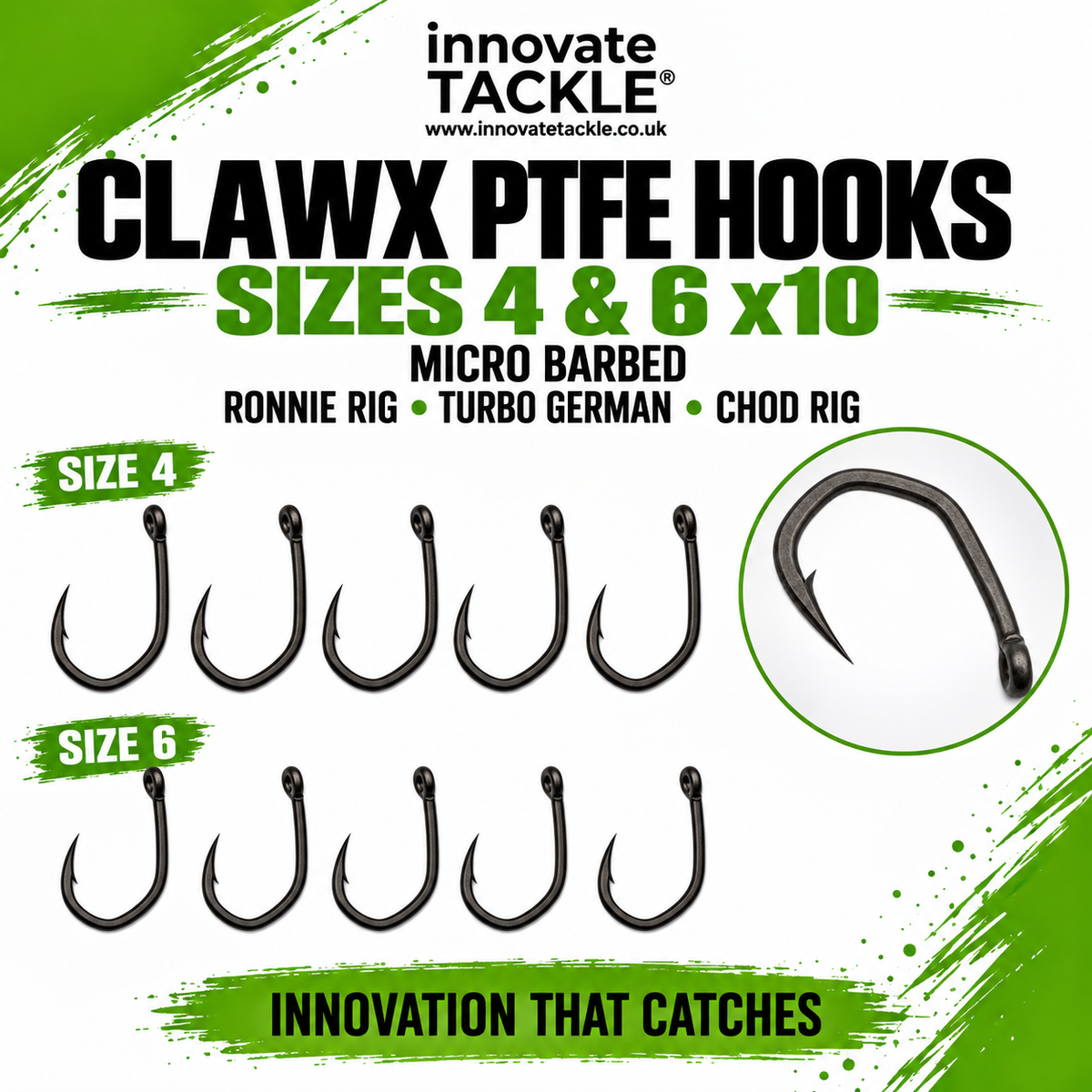 ClawX PTFE Hooks x10 – Micro Barbed Carp Fishing Hooks – Ronnie Rig, German Turbo, Chod Rig