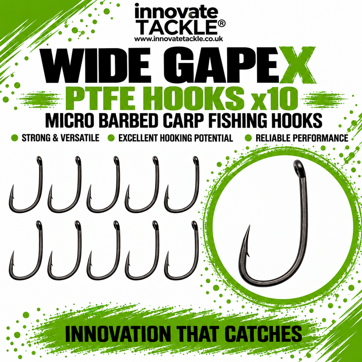Wide GapeX PTFE Hooks x10 – Micro Barbed Carp Fishing Hooks – Ronnie Rig, German Turbo, Chod Rig