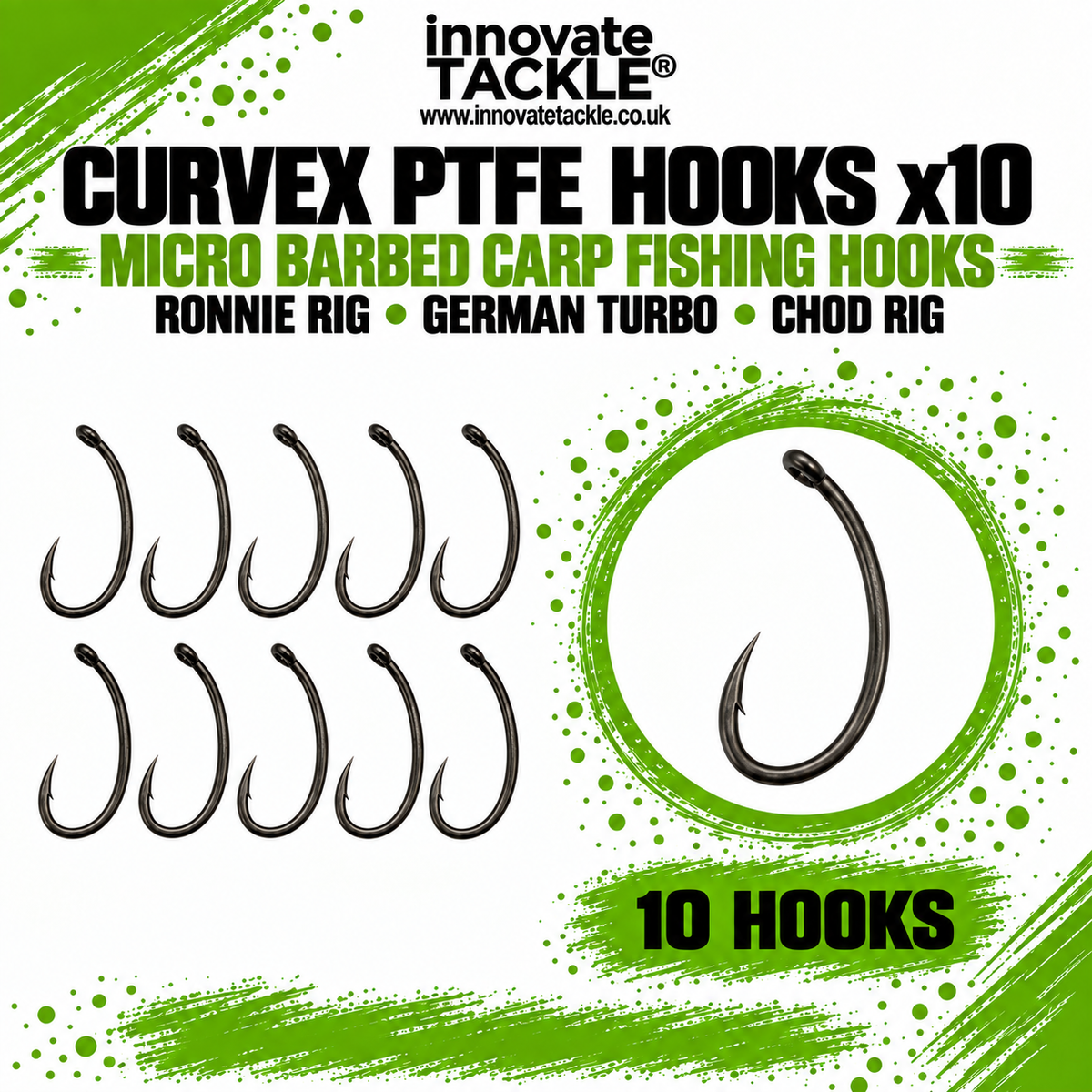 CurveX PTFE Hooks x10 – Micro Barbed Carp Fishing Hooks – Ronnie Rig, German Turbo, Chod Rig