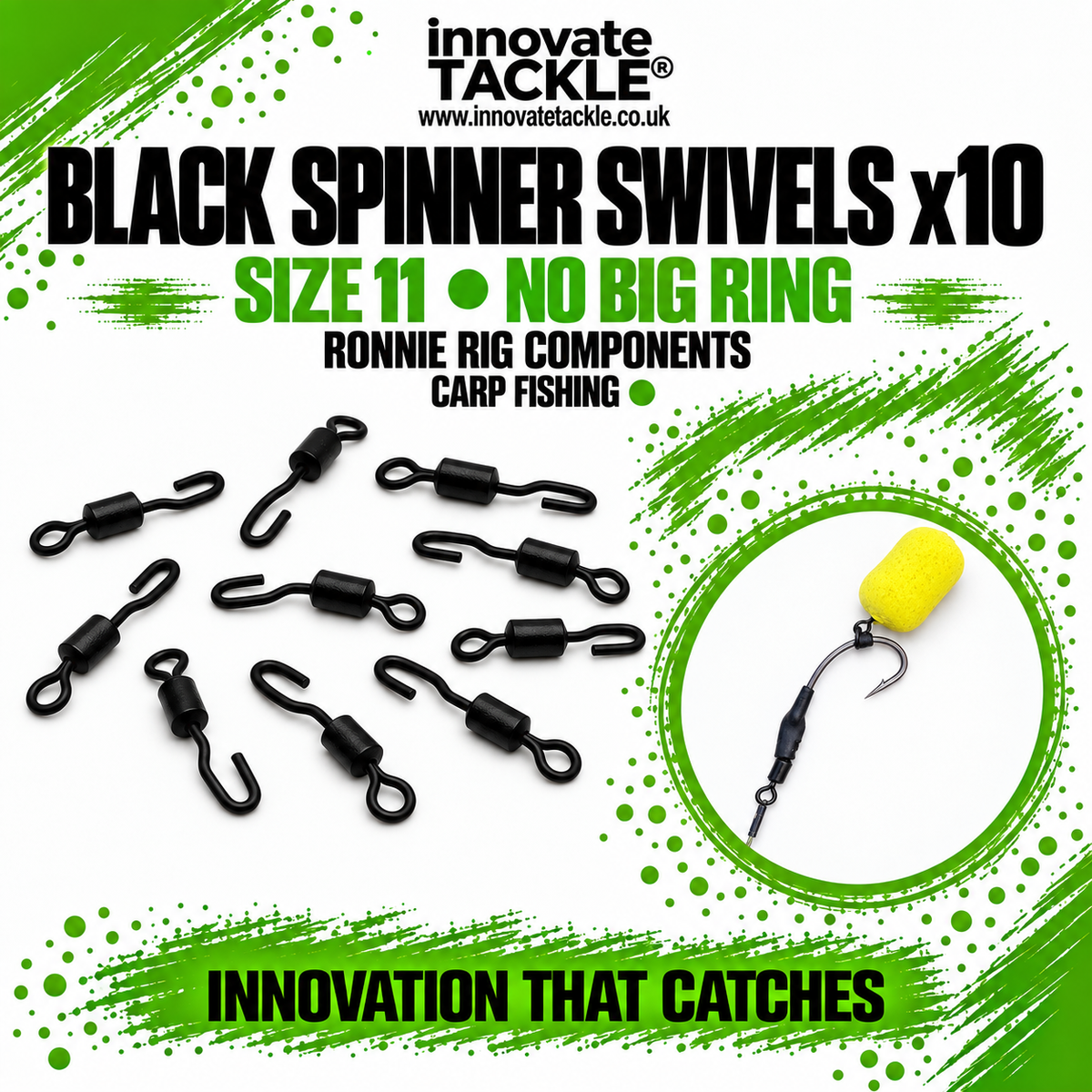 Black Spinner Swivels (No big ring) Size 11 x10 – No Big Ring – Carp Fishing Ronnie Rig Components
