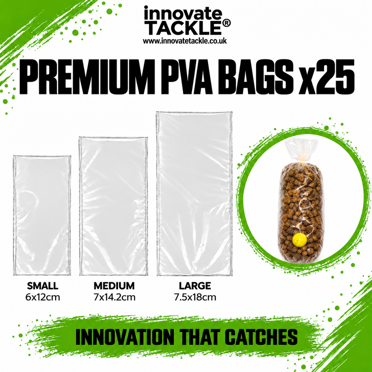 Premium PVA Solid Bags: Small, Medium & Large x25 – Carp Fishing PVA Bags + Scoop (2m PVA String included)